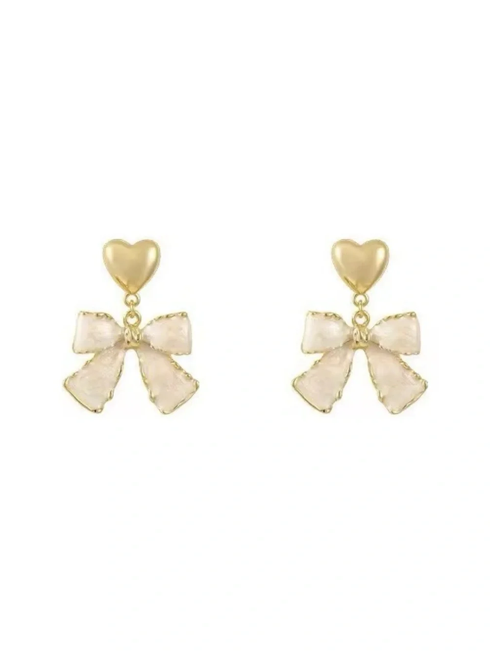 ***Dainty Gold Heart & Cream Bow Drop Earrings